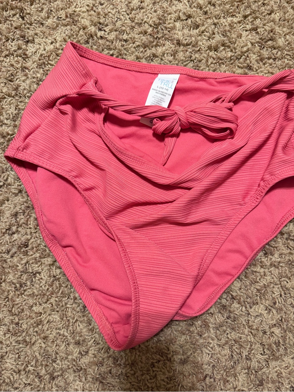 Ribbed Tie-Front High-Waist Bikini Bottoms in Coral Pink